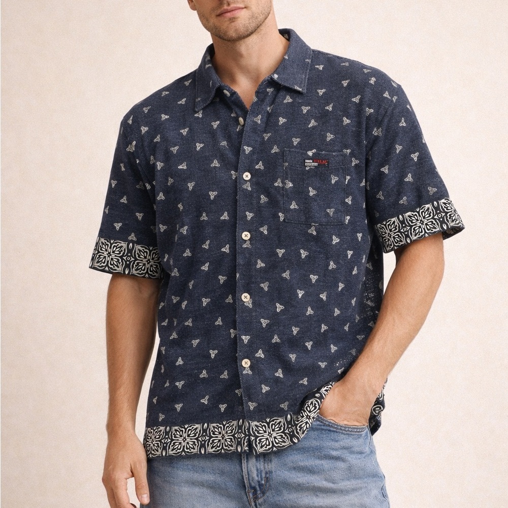 Tommy Jeans Vintage Y2K Knit Button Up Shirt XXL Navy Pattern Camp Shirt